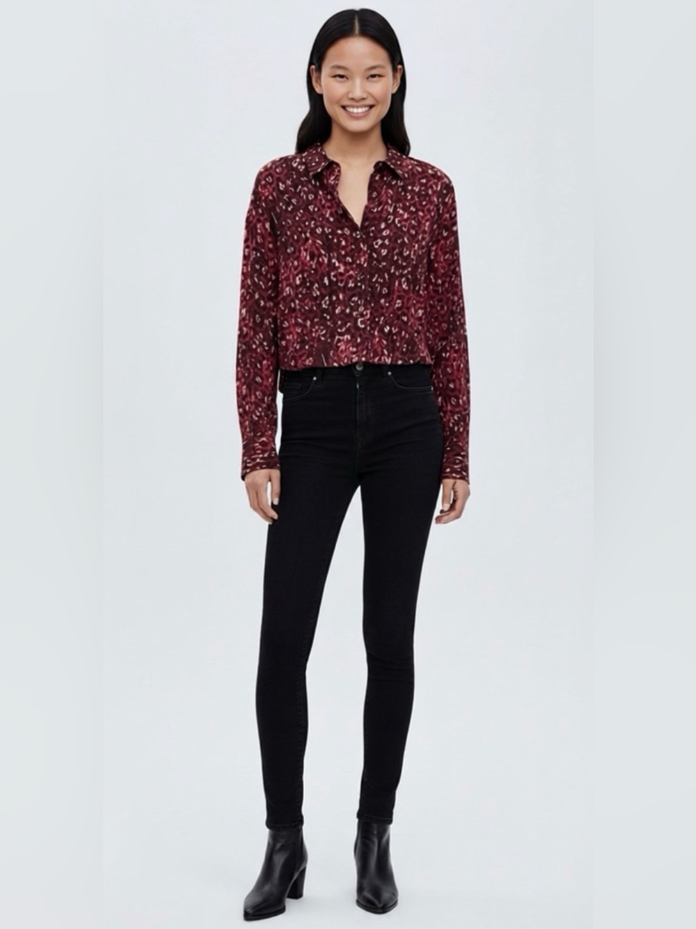 Zara Leopard Print Long Sleeve Button Down Crop Top
